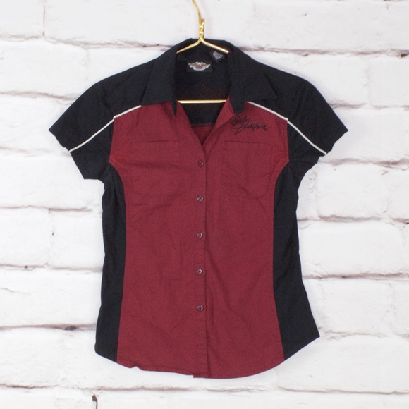 Harley-Davidson Tops - Harley-Davidson Maroon Black Button Down Shirt XS